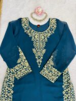 Teal Blue Color Faux Georgette Fabric Thread With Sequence Work Palazzo Suit