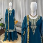 Teal Blue Color Faux Georgette Fabric Thread With Sequence Work Palazzo Suit