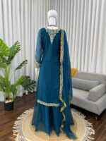 Teal Blue Color Faux Georgette Fabric Thread With Sequence Work Palazzo Suit