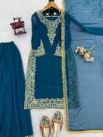Teal Blue Color Faux Georgette Fabric Thread With Sequence Work Palazzo Suit