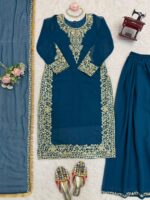 Teal Blue Color Faux Georgette Fabric Thread With Sequence Work Palazzo Suit