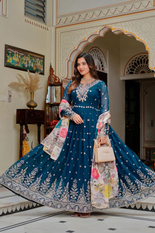 Teal Blue Color Georgette Fabric Sequence Work Gown