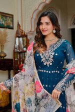 Teal Blue Color Georgette Fabric Sequence Work Gown