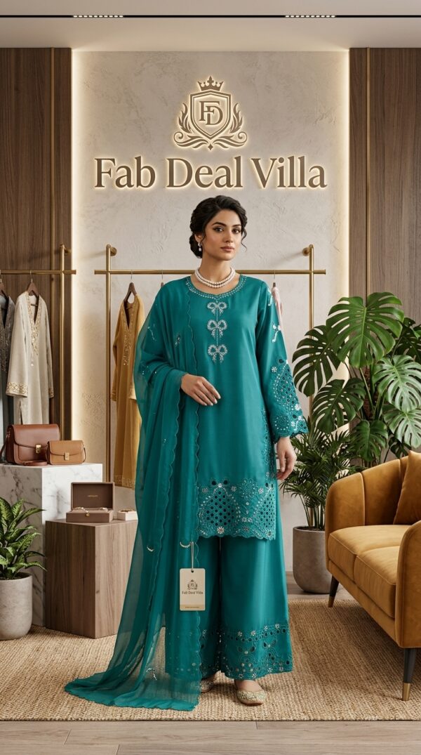 Teal Blue Color Natural Crepe Silk Fabric Thread With Sequence Work Suit