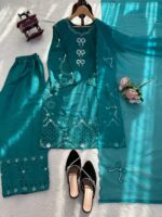 Teal Blue Color Natural Crepe Silk Fabric Thread With Sequence Work Suit