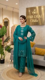 Teal Blue Color Natural Crepe Silk Fabric Thread With Sequence Work Suit