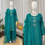 Teal Blue Color Natural Crepe Silk Fabric Thread With Sequence Work Suit