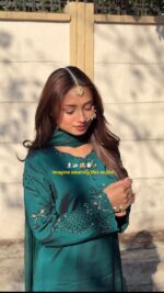 Teal Blue Color Natural Crepe Silk Fabric Thread With Sequence Work Suit