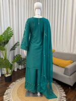Teal Blue Color Natural Crepe Silk Fabric Thread With Sequence Work Suit