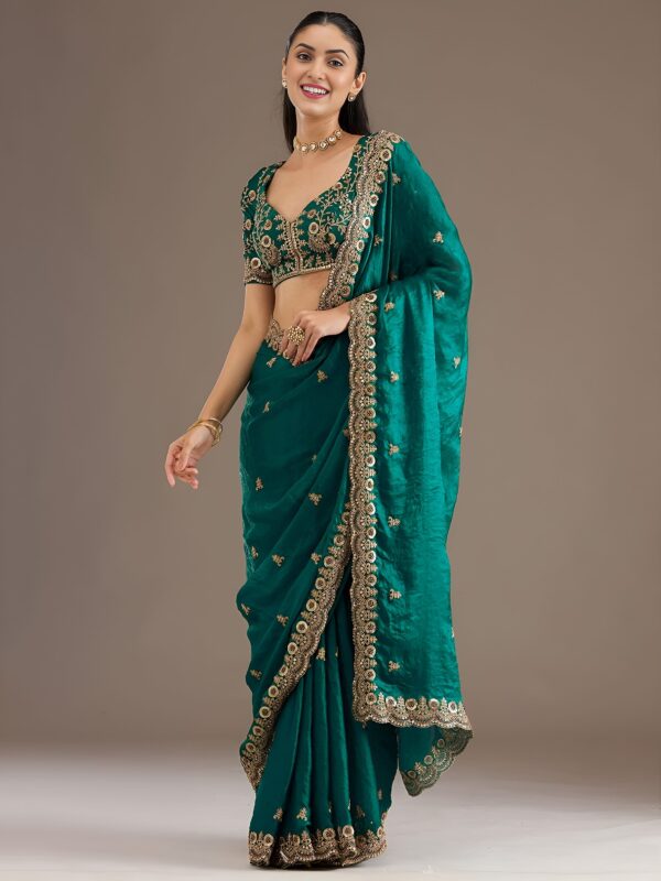 Teal Blue Color Tissue Fabric Multiple Sequence With Jari Embroidery Work Saree