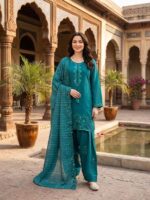 Teal Color Mul Chanderi Fabric Sequence Work Farshi Style Palazzo Suit