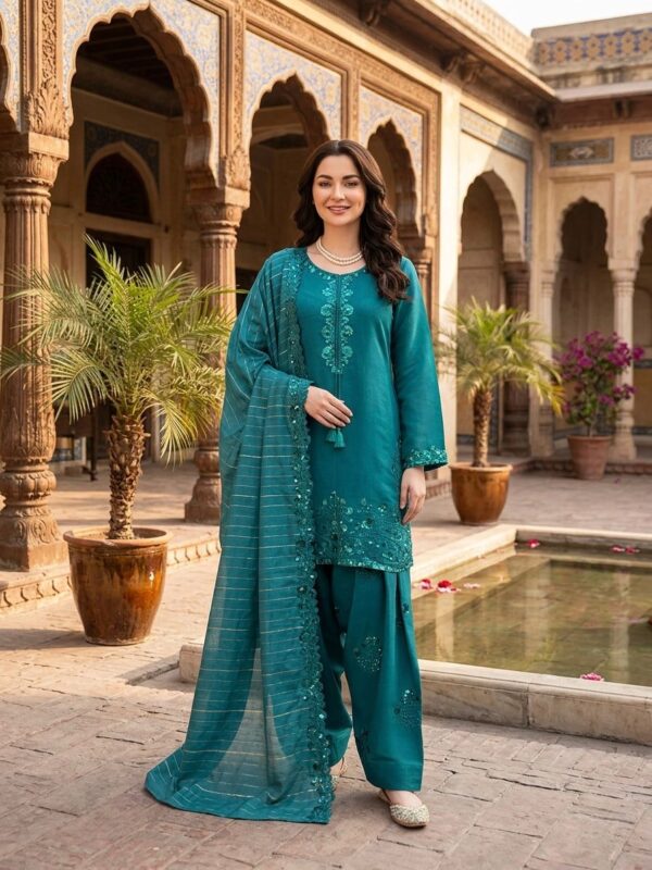 Teal Color Mul Chanderi Fabric Sequence Work Farshi Style Palazzo Suit