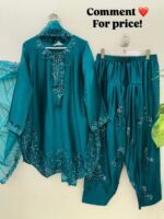 Teal Color Mul Chanderi Fabric Sequence Work Farshi Style Palazzo Suit