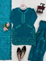Teal Color Mul Chanderi Fabric Sequence Work Farshi Style Palazzo Suit