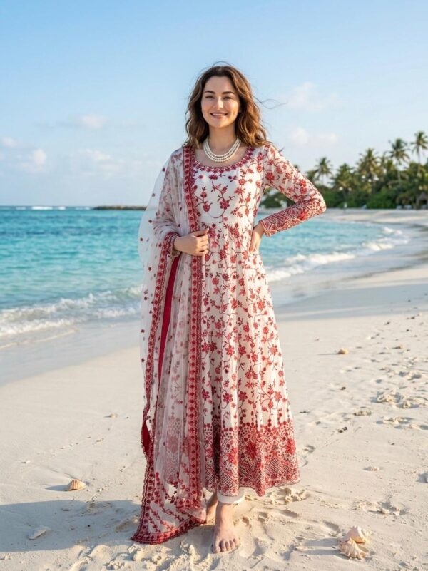 White Color Faux Georgette Fabric Thread With Sequence Work Anarkali Suit