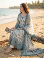 White Color Faux Georgette Fabric Thread With Sequence Work Anarkali Suit