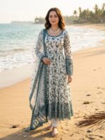 White Color Faux Georgette Fabric Thread With Sequence Work Anarkali Suit