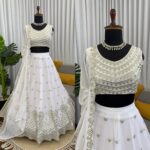 White Color Faux Georgette Fabric Thread With Sequence Work Lehenga