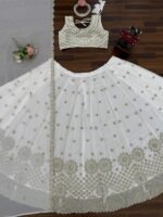 White Color Faux Georgette Fabric Thread With Sequence Work Lehenga
