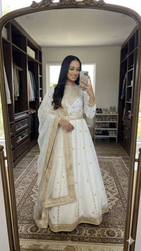 White Color Georgette Fabric Sequence With Jari Work Gown