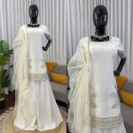 White Color Natural Crepe Fabric Thread With Sequence Work Palazzo Suit