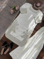 White Color Natural Crepe Fabric Thread With Sequence Work Palazzo Suit