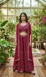 Wine Color Georgette Fabric Foil Mirror Work Koti Style Palazzo Set