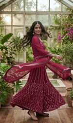 Wine Color Georgette Fabric Foil Mirror Work Koti Style Palazzo Set