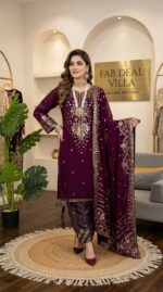 Wine Color Roman Glass Fabric Thread With Sequence Work Suit