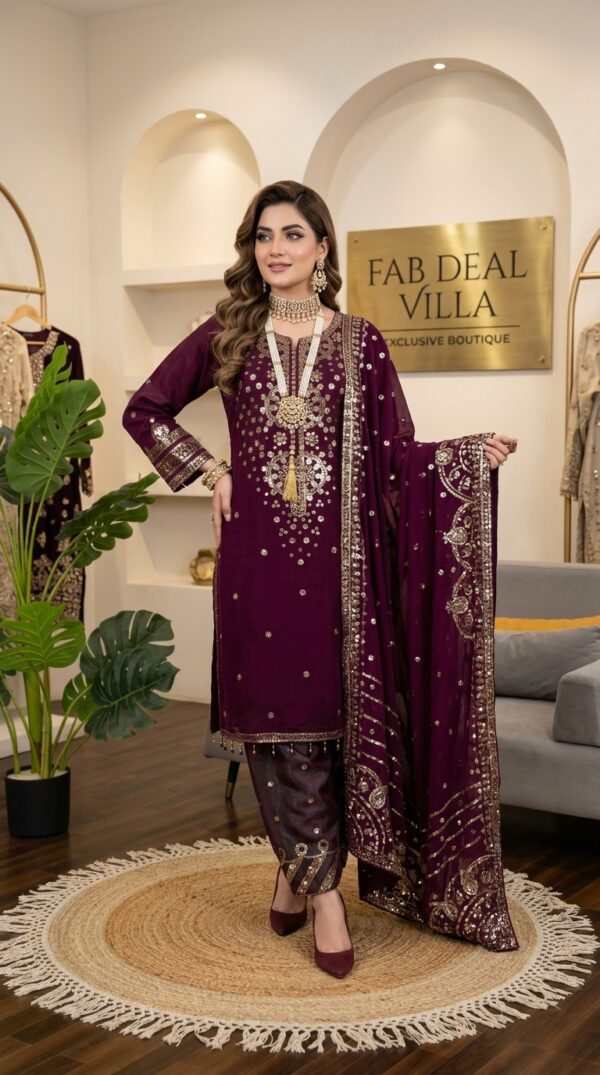 Wine Color Roman Glass Fabric Thread With Sequence Work Suit