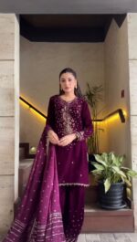 Wine Color Roman Glass Fabric Thread With Sequence Work Suit