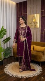 Wine Color Roman Glass Fabric Thread With Sequence Work Suit