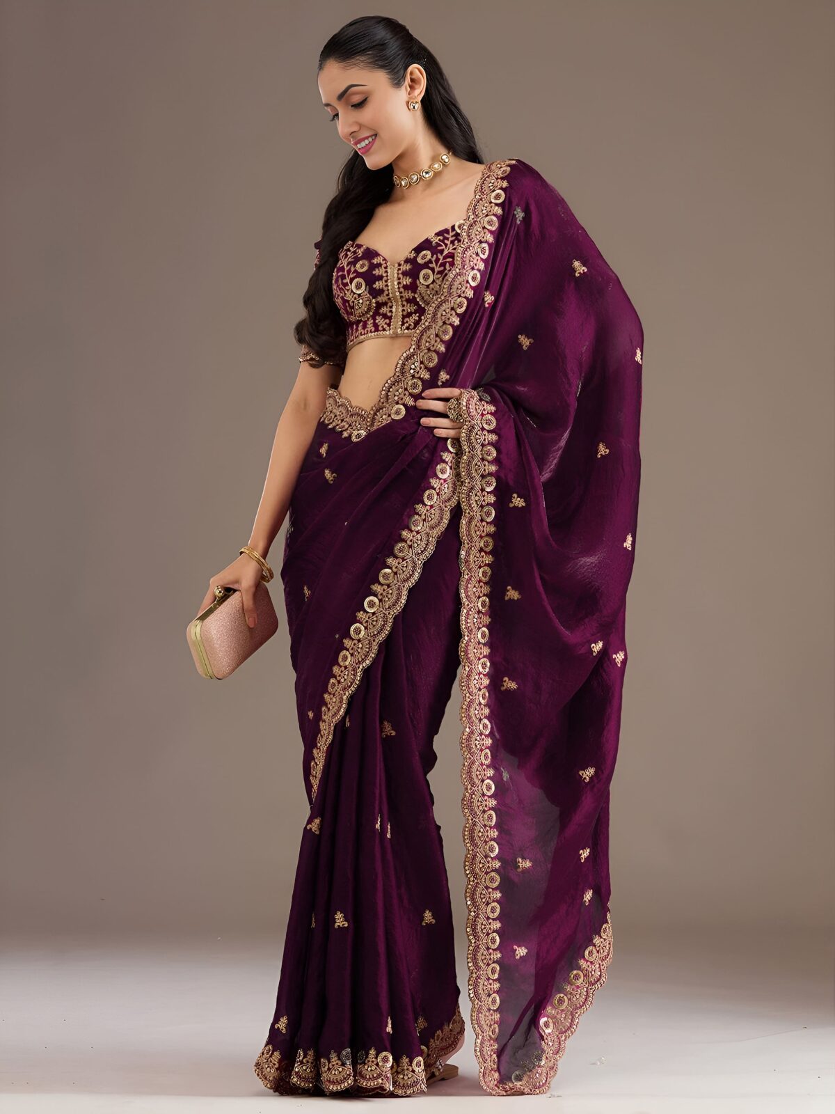 Wine Color Tissue Fabric Multiple Sequence With Jari Embroidery Work Saree