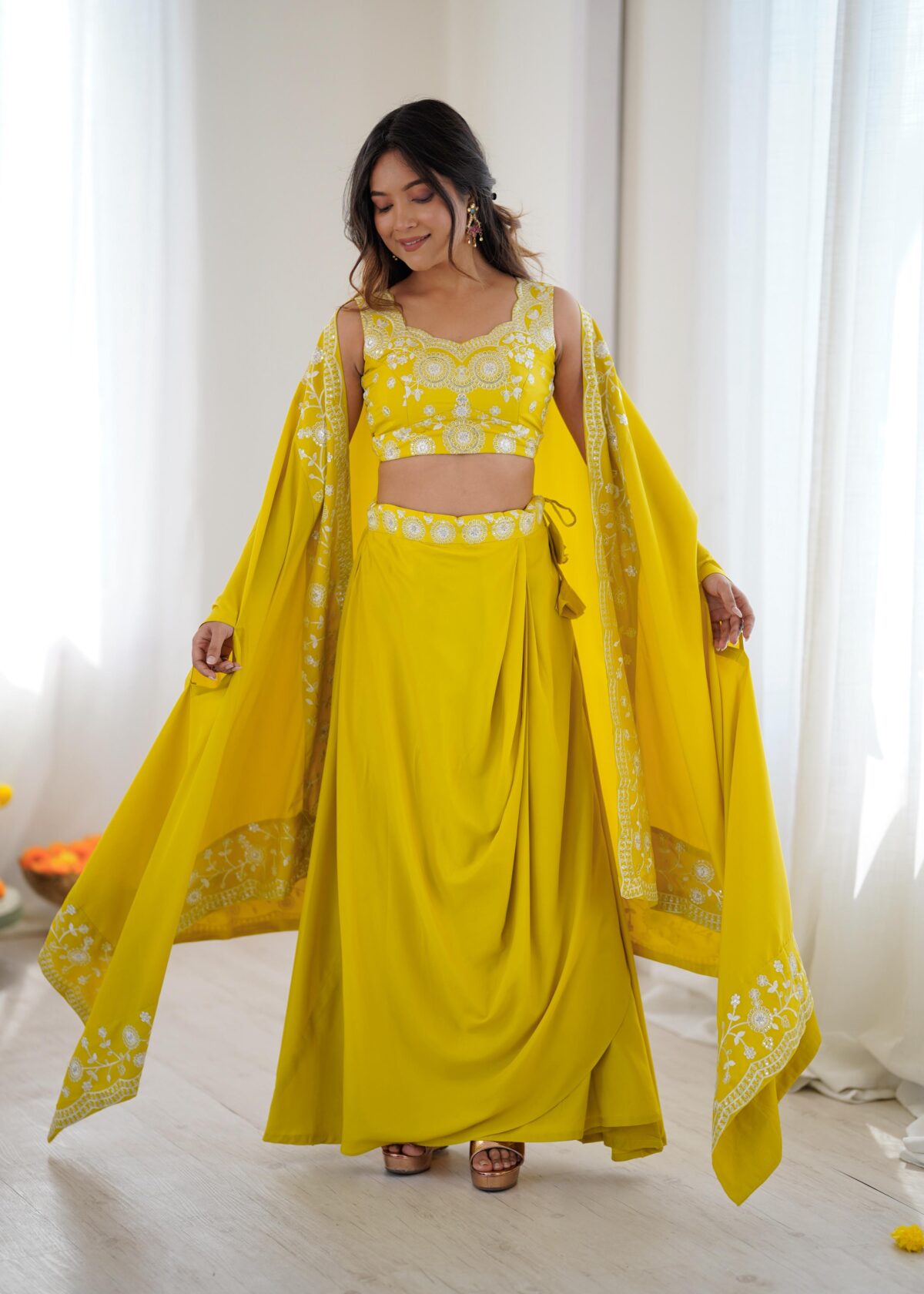 Yellow Color French Crepe Fabric Sequence Work Western Dhoti Style Lehenga