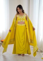 Yellow Color French Crepe Fabric Sequence Work Western Dhoti Style Lehenga