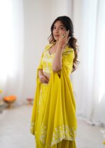 Yellow Color French Crepe Fabric Sequence Work Western Dhoti Style Lehenga