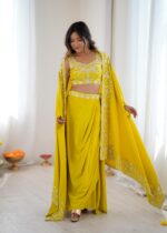 Yellow Color French Crepe Fabric Sequence Work Western Dhoti Style Lehenga
