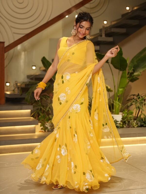 Yellow Color Georgette Fabric Print With Picho Work Lehenga Saree