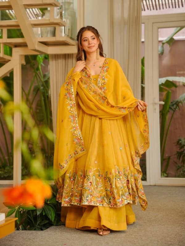 Yellow Color Soft Crunchy Silk Fabric Sequence Multi Embroidery Work Sharara Gown