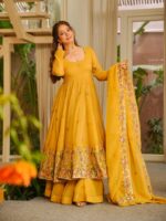 Yellow Color Soft Crunchy Silk Fabric Sequence Multi Embroidery Work Sharara Gown