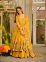 Yellow Color Soft Crunchy Silk Fabric Sequence Multi Embroidery Work Sharara Gown