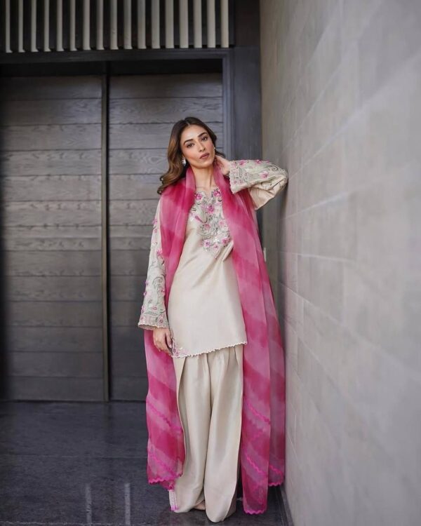 Beige Color French Crepe Fabric Embroidery Work Suit
