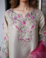Beige Color French Crepe Fabric Embroidery Work Suit