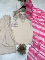 Beige Color French Crepe Fabric Embroidery Work Suit