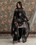 Black Color Natural Crepe Fabric Thread With Sequence Work Farshi Style Palazzo Suit