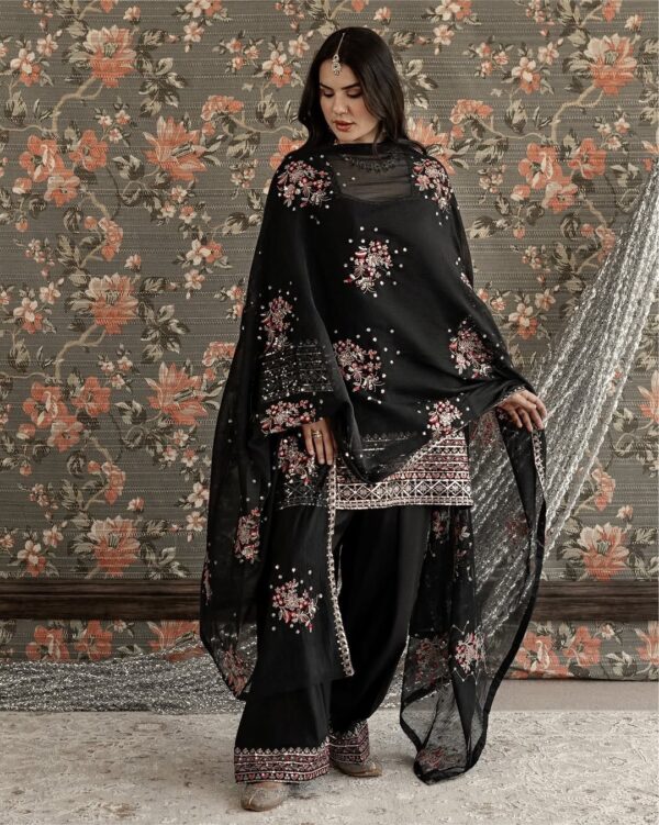 Black Color Natural Crepe Fabric Thread With Sequence Work Farshi Style Palazzo Suit
