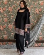 Black Color Natural Crepe Fabric Thread With Sequence Work Farshi Style Palazzo Suit