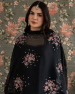 Black Color Natural Crepe Fabric Thread With Sequence Work Farshi Style Palazzo Suit