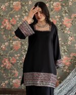 Black Color Natural Crepe Fabric Thread With Sequence Work Farshi Style Palazzo Suit