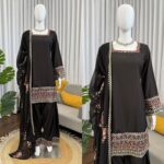 Black Color Natural Crepe Fabric Thread With Sequence Work Farshi Style Palazzo Suit